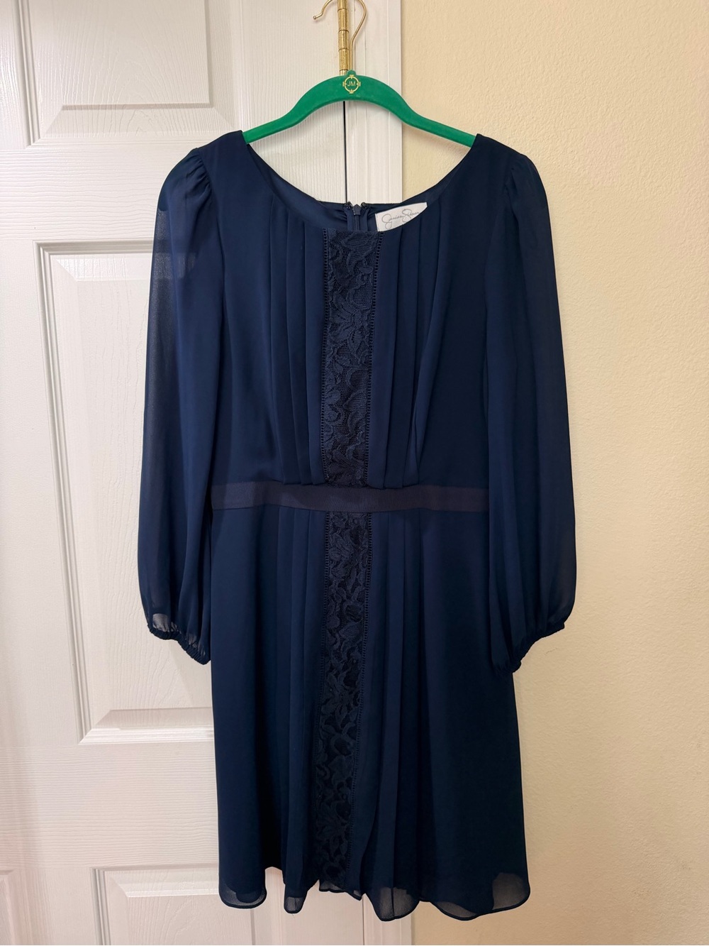Jessica Simpson Navy Long-Sleeve Lace-Front A-Line Dress